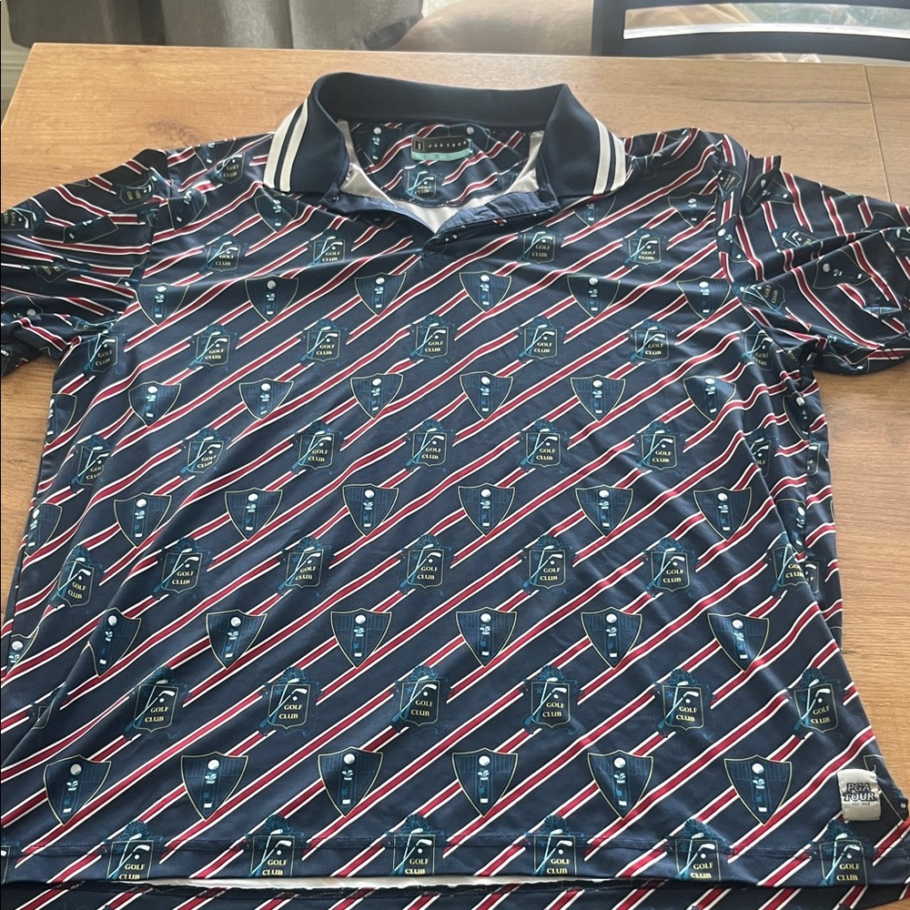 Stylish Navy Polo Shirt with Red and White Stripes Golf Club design